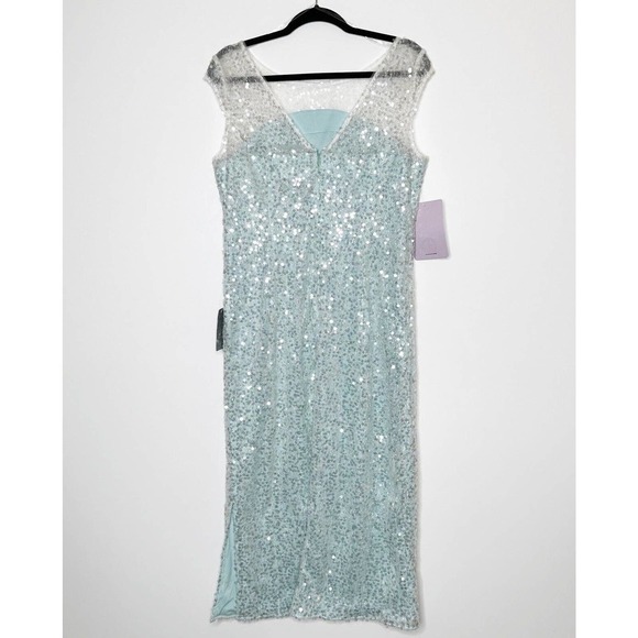 NWT JS Collections Cap Sleeve Claire Sequin Midi Dress Women's Aqua Blue Size 12 - Picture 4 of 8